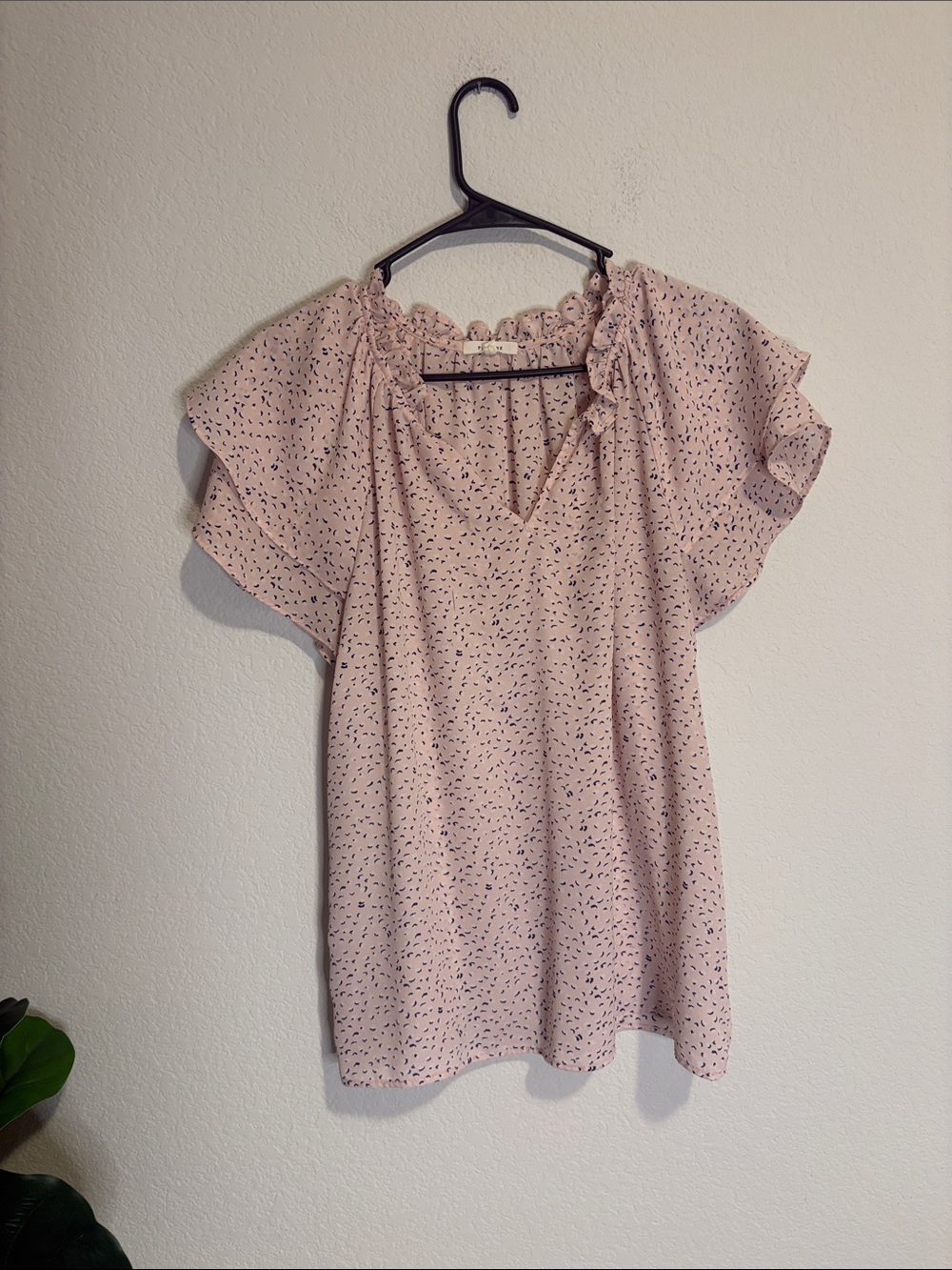 Pleione Blush Pink Flutter Sleeve V-Neck Blouse with Tiny navy blue Speckle